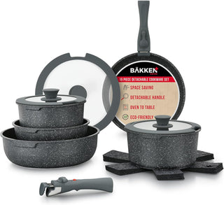 Bakken 15-Piece Non-Stick Cookware Set with Detachable Handles – Granite Stackable Pots and Pans Set, Dishwasher Safe, Oven-Safe, and Compatible Kitchen Essential for All Stoves – Black Granite