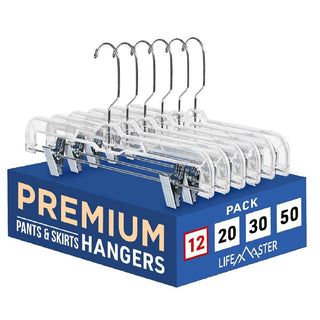 Lifemaster Clear Plastic Hangers - 14 Inches Anti-Slip Space-Saving, Closet Organization Solution - Pants, Trousers, Skirts, Jeans Hangers with 360° Swivel Hook and Adjustable Clips - Clear