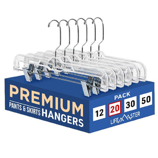 Lifemaster Clear Plastic Hangers - 14 Inches Anti-Slip Space-Saving, Closet Organization Solution - Pants, Trousers, Skirts, Jeans Hangers with 360° Swivel Hook and Adjustable Clips - Clear