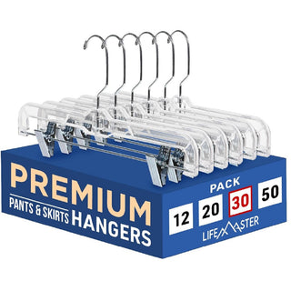 Lifemaster Clear Plastic Hangers - 14 Inches Anti-Slip Space-Saving, Closet Organization Solution - Pants, Trousers, Skirts, Jeans Hangers with 360° Swivel Hook and Adjustable Clips - Clear