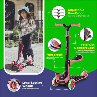 Kids Scooter – Foldable Seat – LED Wheel Lights Illuminate When Rolling – Children and Toddler 3 Wheel Kick Scooter – Adjustable Handlebar – Indoor and Outdoor - by Lifemaster