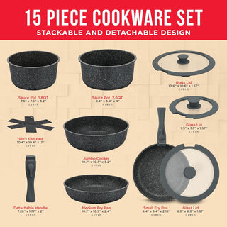 Bakken 15-Piece Non-Stick Cookware Set with Detachable Handles – Granite Stackable Pots and Pans Set, Dishwasher Safe, Oven-Safe, and Compatible Kitchen Essential for All Stoves – Black Granite