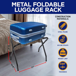 Lifemaster Foldable Luggage Rack for Guest Room - Steel Frame, Holds 100 lbs - Easy Assembly, Space-Saving Design, Nylon Straps - Black