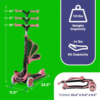 Kids Scooter – Foldable Seat – LED Wheel Lights Illuminate When Rolling – Children and Toddler 3 Wheel Kick Scooter – Adjustable Handlebar – Indoor and Outdoor - by Lifemaster