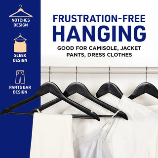 Lifemaster Wooden Clothes Hangers – With 360 Degree Swivel Hook and Non-Slip Shoulder Notch, Holds Up To 10 lbs, Pants Bar Design, For Organizing Suit, Dress, Coat, and Clothes, Black