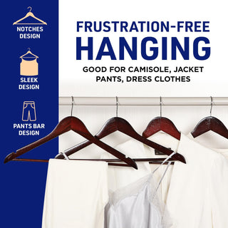 Lifemaster Wooden Clothes Hangers – With 360 Degree Swivel Hook and Non-Slip Shoulder Notch, Holds Up To 10 lbs, Pants Bar Design, For Organizing Suit, Dress, Coat, and Clothes, Cherry