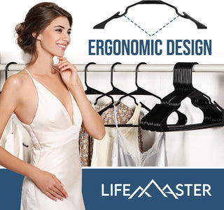 Lifemaster Plastic Clothes Hanger Set - Lightweight, Space-Saving, Non-Slip, Slim Designed, Dry and Wet Clothes Hanger Set - Black