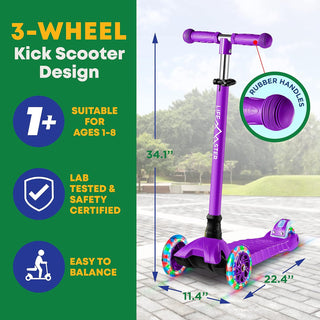 Kids Scooter – Children and Toddler 3 Wheel Kick Scooter – LED Wheel Lights Illuminate When Rolling– Adjustable Handlebar – Indoor and Outdoor