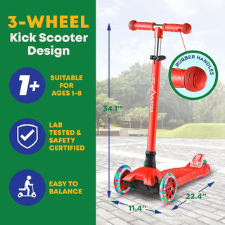 Kids Scooter – Children and Toddler 3 Wheel Kick Scooter – LED Wheel Lights Illuminate When Rolling– Adjustable Handlebar – Indoor and Outdoor