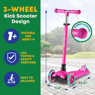 Kids Scooter – Children and Toddler 3 Wheel Kick Scooter – LED Wheel Lights Illuminate When Rolling– Adjustable Handlebar – Indoor and Outdoor