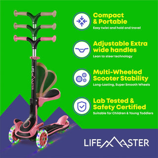 Kids Scooter – Foldable Seat – LED Wheel Lights Illuminate When Rolling – Children and Toddler 3 Wheel Kick Scooter – Adjustable Handlebar – Indoor and Outdoor - by Lifemaster