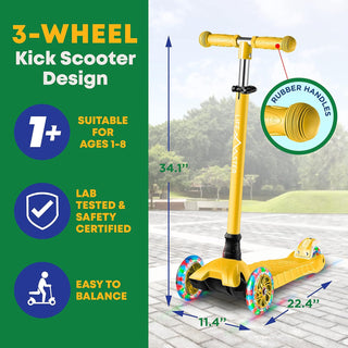 Kids Scooter – Children and Toddler 3 Wheel Kick Scooter – LED Wheel Lights Illuminate When Rolling– Adjustable Handlebar – Indoor and Outdoor