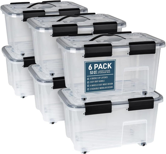 Lifemaster 6-Pack Stackable Storage Boxes - Clear Plastic with Black Seal, Modular Design, Secure Latches, Easy-Move Wheels & Pull-Out Base for Premium Home Organization