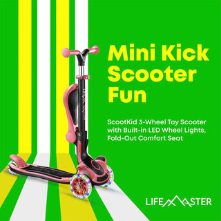 Kids Scooter – Foldable Seat – LED Wheel Lights Illuminate When Rolling – Children and Toddler 3 Wheel Kick Scooter – Adjustable Handlebar – Indoor and Outdoor - by Lifemaster