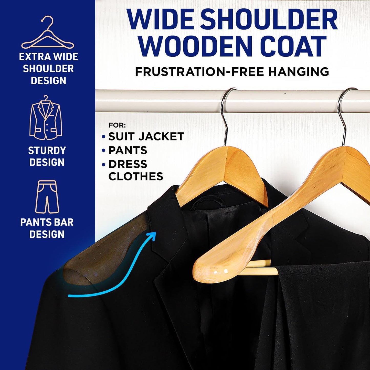 Solid Wooden Hangers for Clothes - Heavy Duty Suit Hanger Set with Chrome 360° Swivel Hook- Wide Shoulder Wooden Coat Hangers for Suit Jacket, Pant, Dress Clothes Hangers