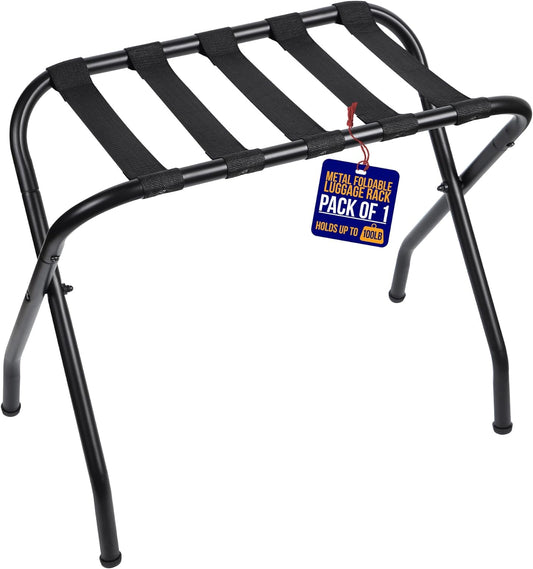 Foldable Luggage Rack for Guest Room - Steel Frame, Holds 100 lbs - Easy Assembly, Space-Saving Design, Nylon Straps - Black,