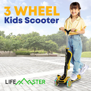 Kids Scooter – Foldable Seat – LED Wheel Lights Illuminate When Rolling – Children and Toddler 3 Wheel Kick Scooter – Adjustable Handlebar – Indoor and Outdoor - by Lifemaster