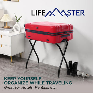 Lifemaster Foldable Luggage Rack for Guest Room - Steel Frame, Holds 100 lbs - Easy Assembly, Space-Saving Design, Nylon Straps - Black