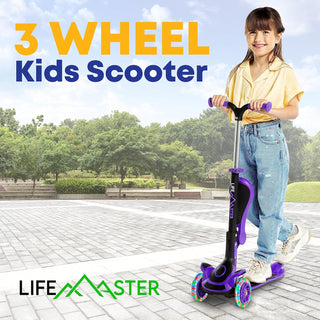 Kids Scooter – Foldable Seat – LED Wheel Lights Illuminate When Rolling – Children and Toddler 3 Wheel Kick Scooter – Adjustable Handlebar – Indoor and Outdoor - by Lifemaster