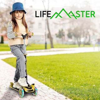 Kids Scooter – Foldable Seat – LED Wheel Lights Illuminate When Rolling – Children and Toddler 3 Wheel Kick Scooter – Adjustable Handlebar – Indoor and Outdoor - by Lifemaster