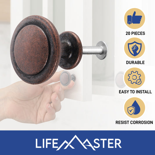 LifeMaster  Kitchen Cabinet Knobs - Rust-Proof Oil Rubbed Bronze Finish, Modern Zinc Alloy Drawer Pulls, Strong and Stylish Handles with Screws
