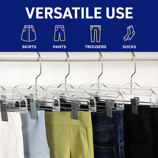LifeMaster 14 inch Clear Plastic Skirt Hangers with Adjustable Clips - Space-Saving Closet Organizer, 360° Swivel Hook - Bulk Plastic Hangers for Pants, Trousers, Jeans